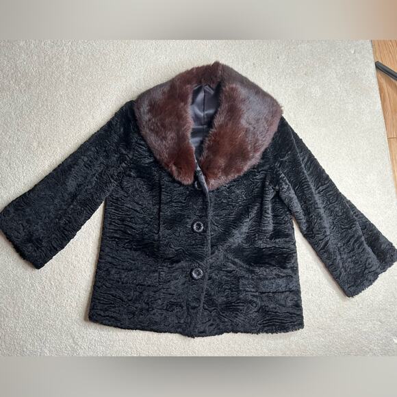Vintage Teddy Jacket with Real Fur Collar - Black and Brown - Picture 1 of 7